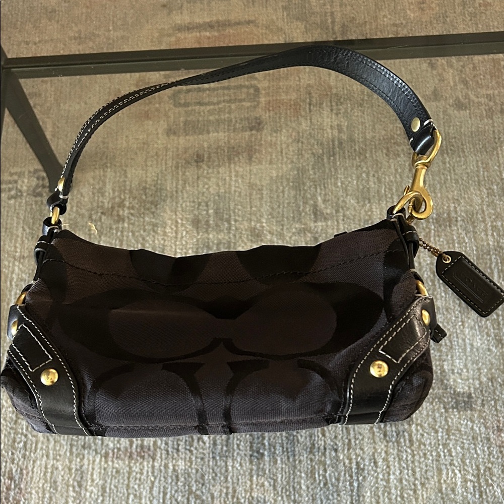 Coach Black Signature Small Shoulder Bag with Gold Hardware